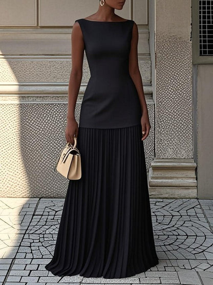 Women's Sleeveless Pleated Maxi Dress Skirt