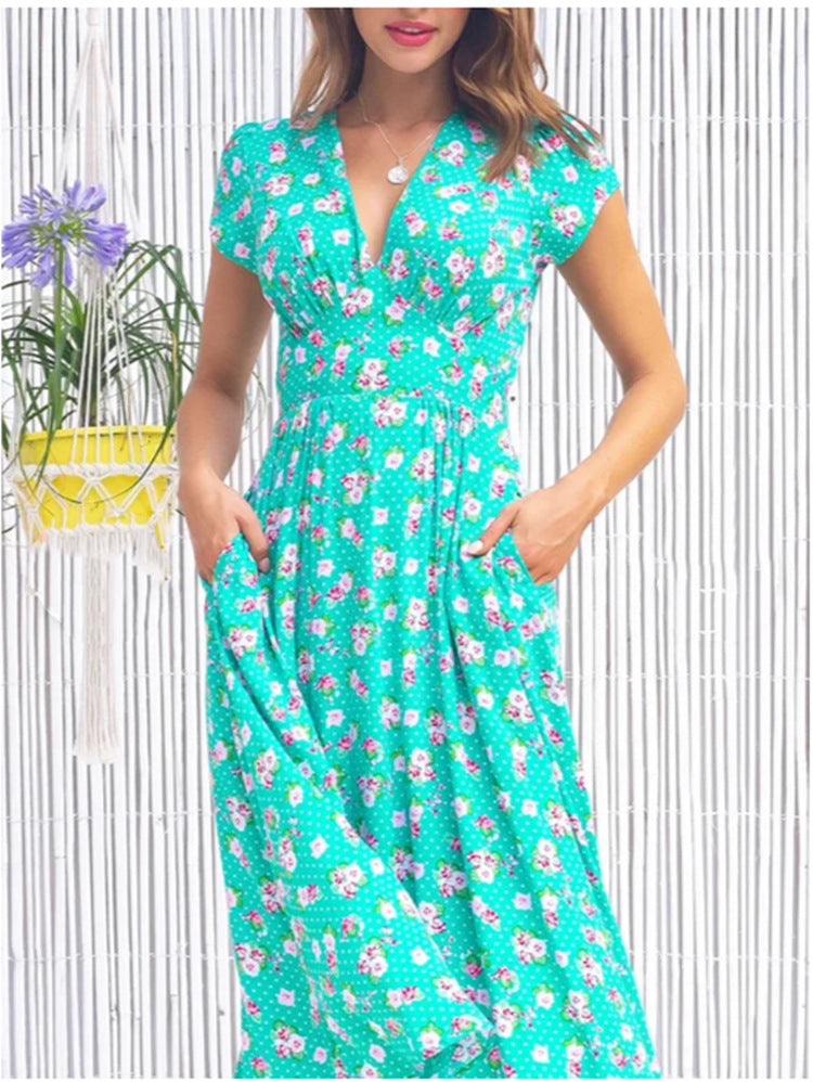 Women's V-Neck Midi Dress Short Sleeves