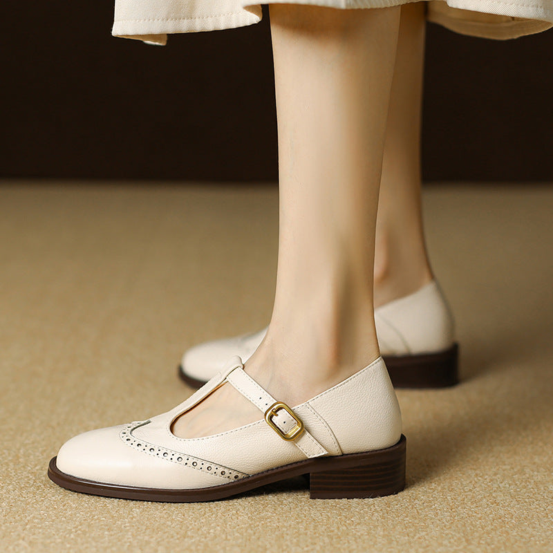 Women's Leather Mary Jane Shoes Low Block Heel - Vonnera