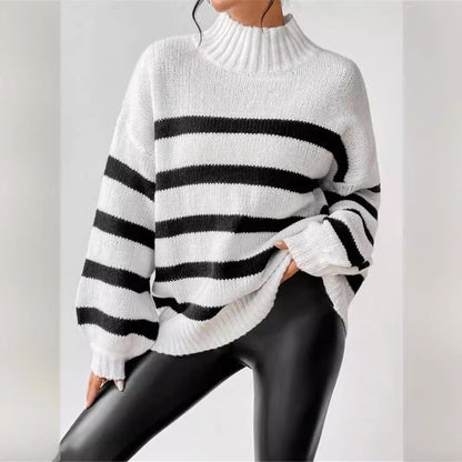 Women's Striped Sweater Ribbed Collar - Vonnera
