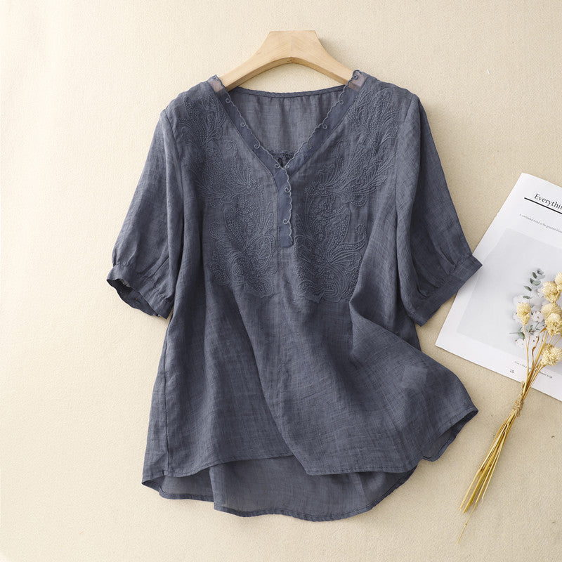 Women's Linen Blend V-Neck Short Sleeve Blouse