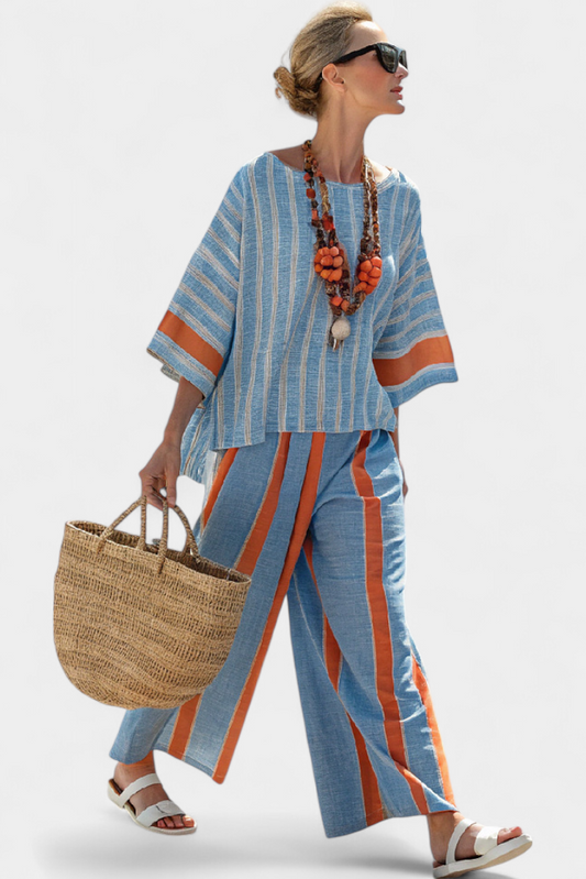 Women's Wide Leg Striped Pants Two Piece Set - Vonnera