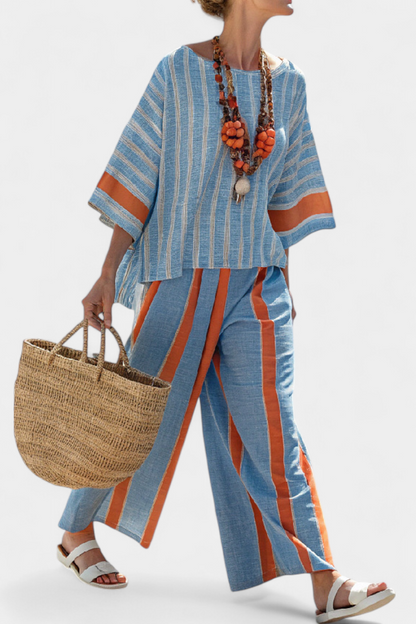Women's Wide Leg Striped Pants Two Piece Set