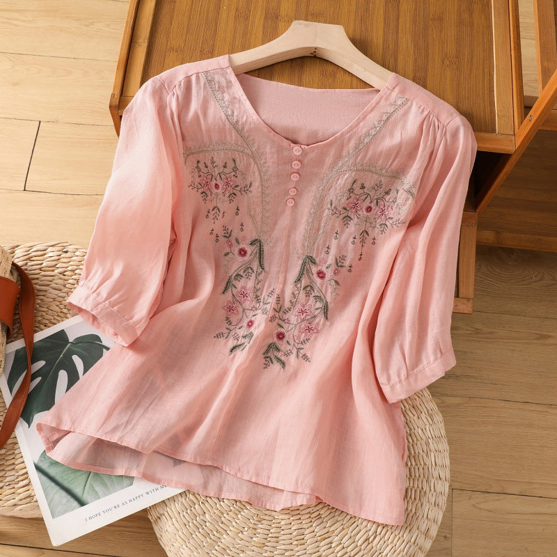 Women's Embroidered Blouse Floral Front Detail