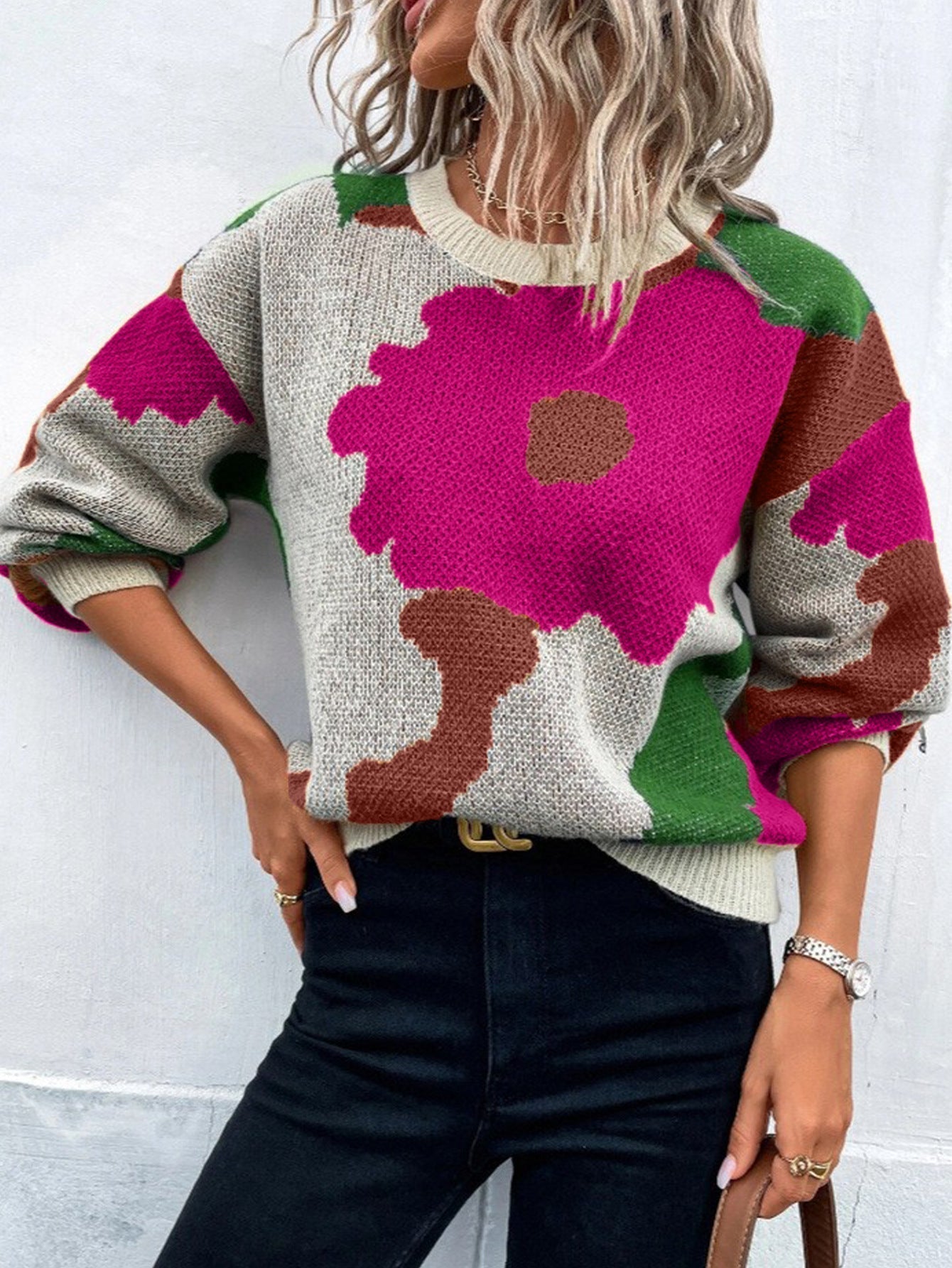 Women's Patterned Knit Sweater Round Neck Balloon Sleeves - Vonnera