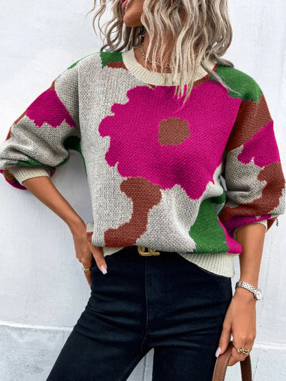 Women's Patterned Knit Sweater Round Neck Balloon Sleeves - Vonnera
