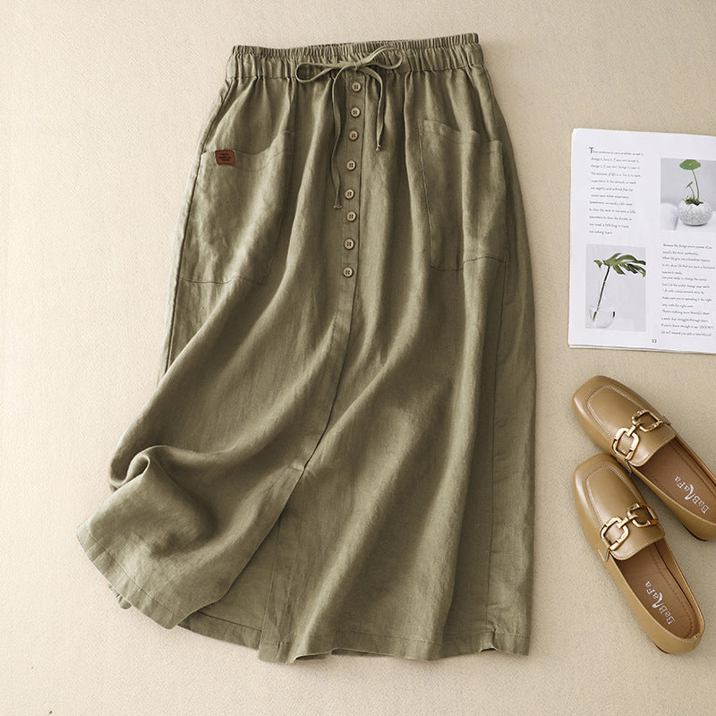 Women's Linen Midi Skirt Button Front with Pockets - Vonnera