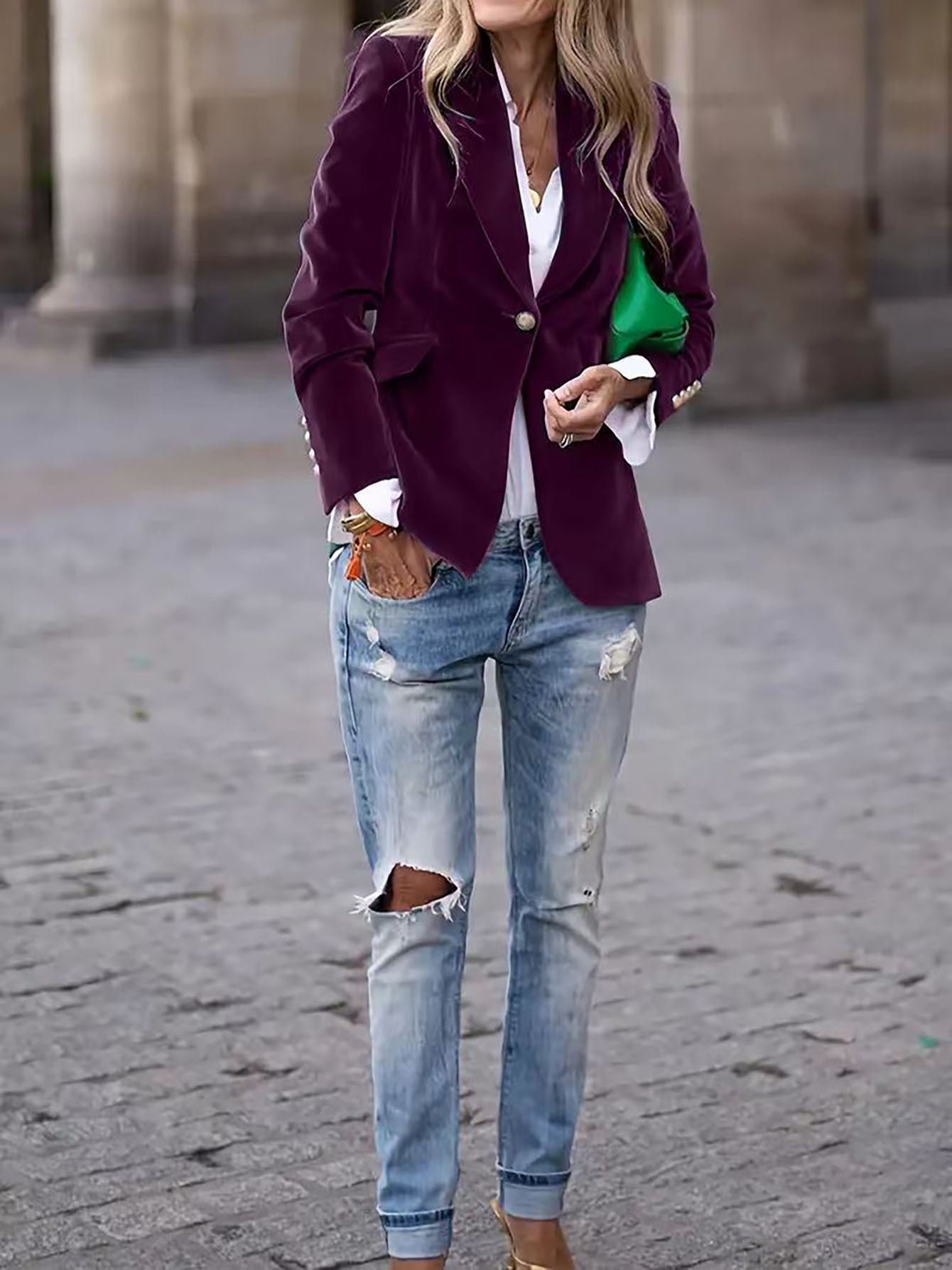 Elegant Velvet Blazer with Gold Button Details - Modern Luxury Style