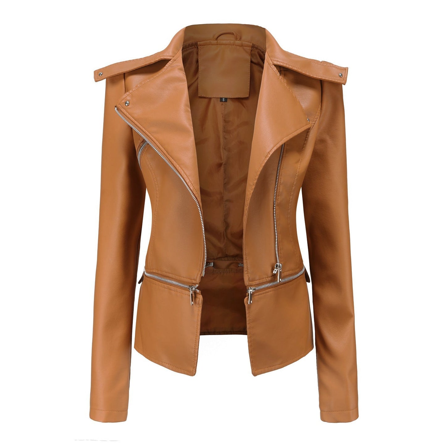 Women's Leather Motorcycle Jacket Zippered Black - Vonnera