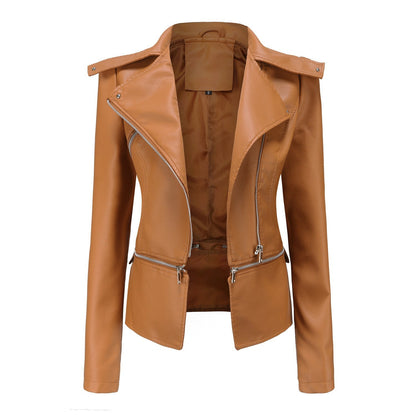 Women's Leather Motorcycle Jacket Zippered Black - Vonnera