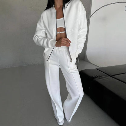 Women's Zipper Jacket Wide Leg Trousers Set