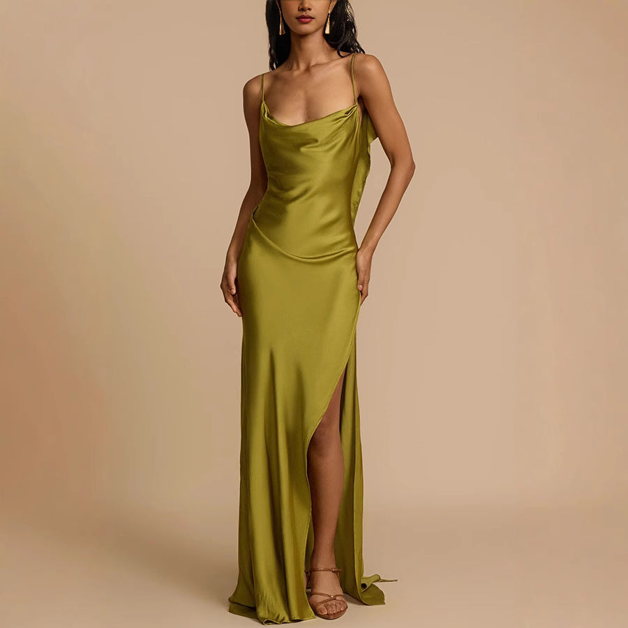 Women's Elegant Full Length Slip Dress Cowl Neck Black - Vonnera