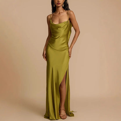 Women's Elegant Full Length Slip Dress Cowl Neck Black - Vonnera