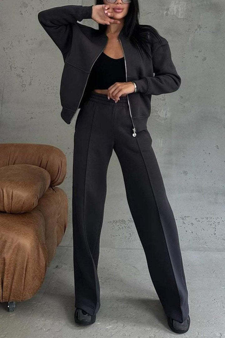 Women's Zipper Jacket Wide Leg Trousers Set