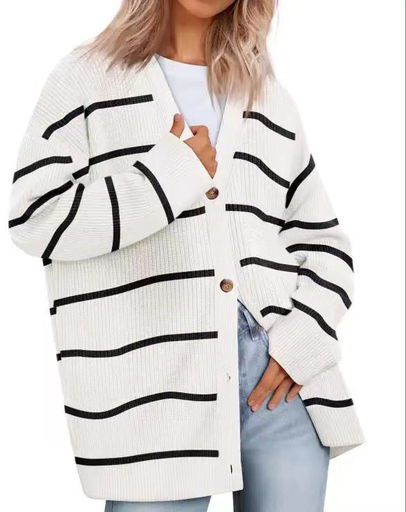 Women's Striped Knit Cardigan Sweater Relaxed Fit Button Front