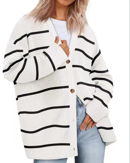Women's Striped Knit Cardigan Sweater Relaxed Fit Button Front