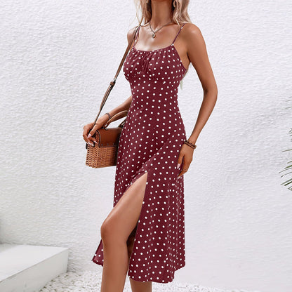 Women's Midi Polka Dot Summer Dress with Slit