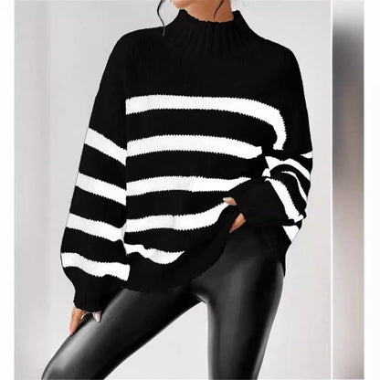 Women's Striped Sweater Ribbed Collar