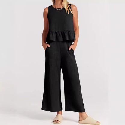 Linen Blend Women's Peplum And Pants Set