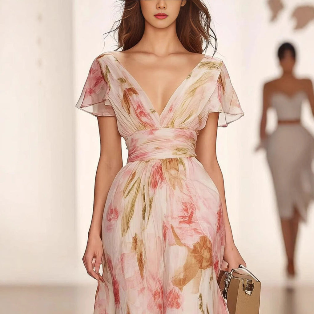 Women's Maxi Dress Flutter Sleeve Fit and Flare