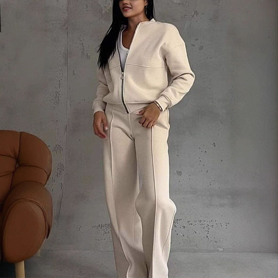 Women's Zipper Jacket Wide Leg Trousers Set