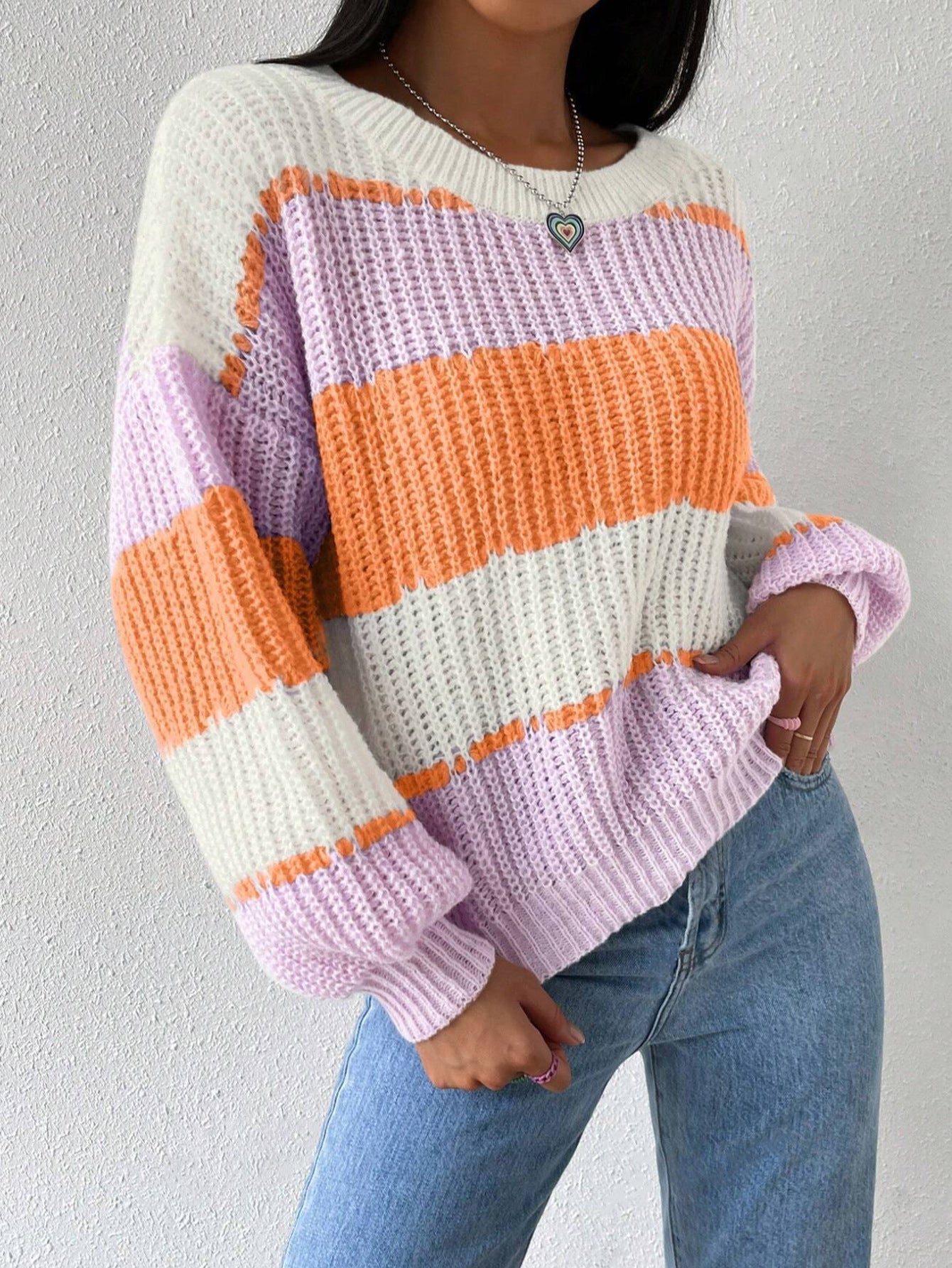 Women's Striped Knit Sweater Crew Neck Long Sleeves