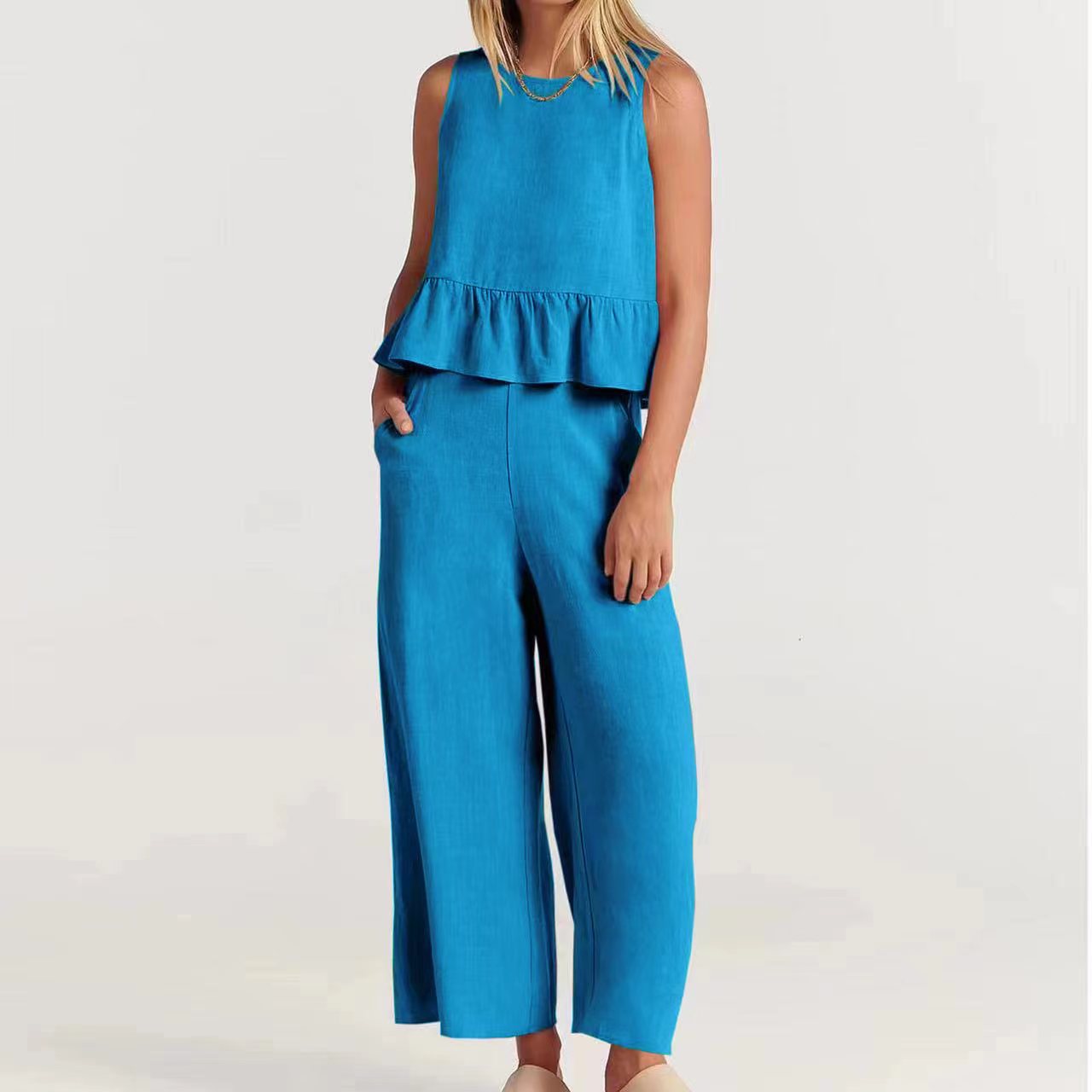 Linen Blend Women's Peplum And Pants Set