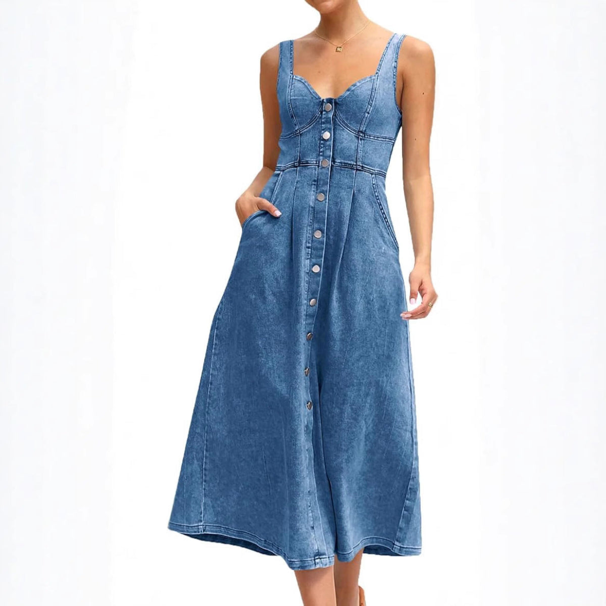 Women's Sleeveless Denim Dress Button Front Blue