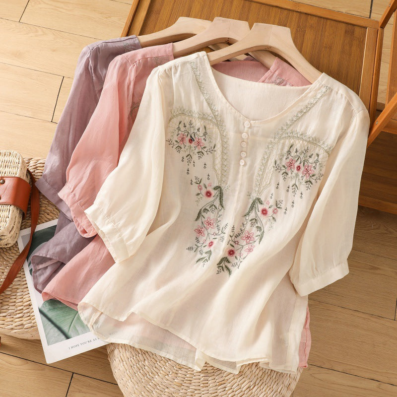 Women's Embroidered Blouse Floral Front Detail - Vonnera