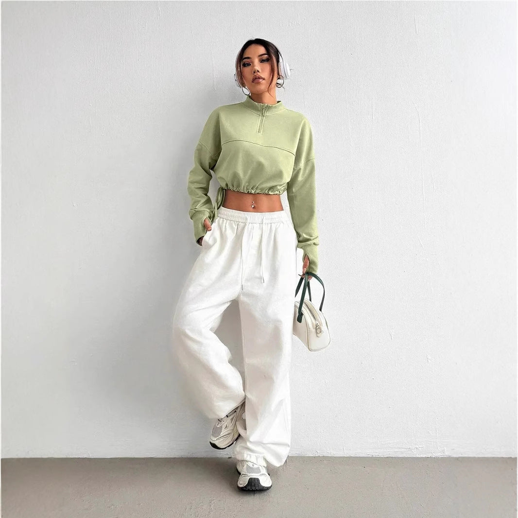 Women's Cropped Zip Sweatshirt Balloon Sleeves