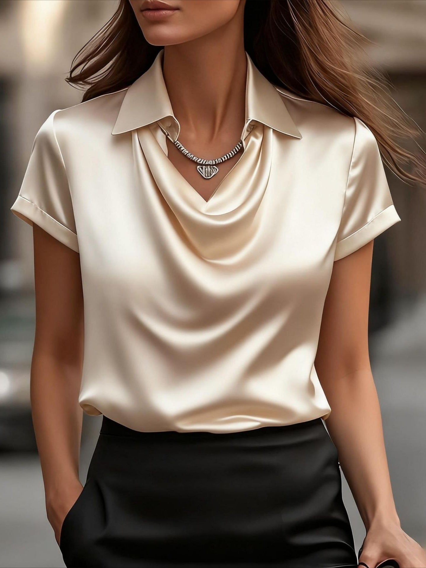 Women's Satin Blouse Cowl Neck Cuffed Sleeves - Vonnera