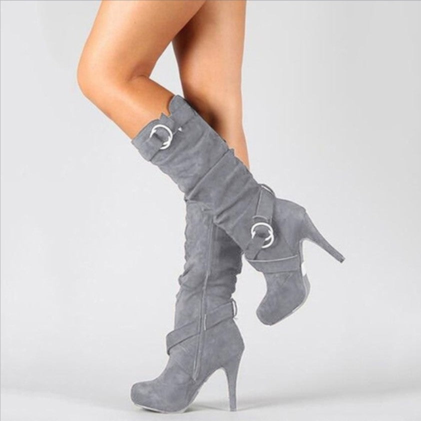 Women's Knee High Stiletto Heel Boots Buckle Strap - Vonnera