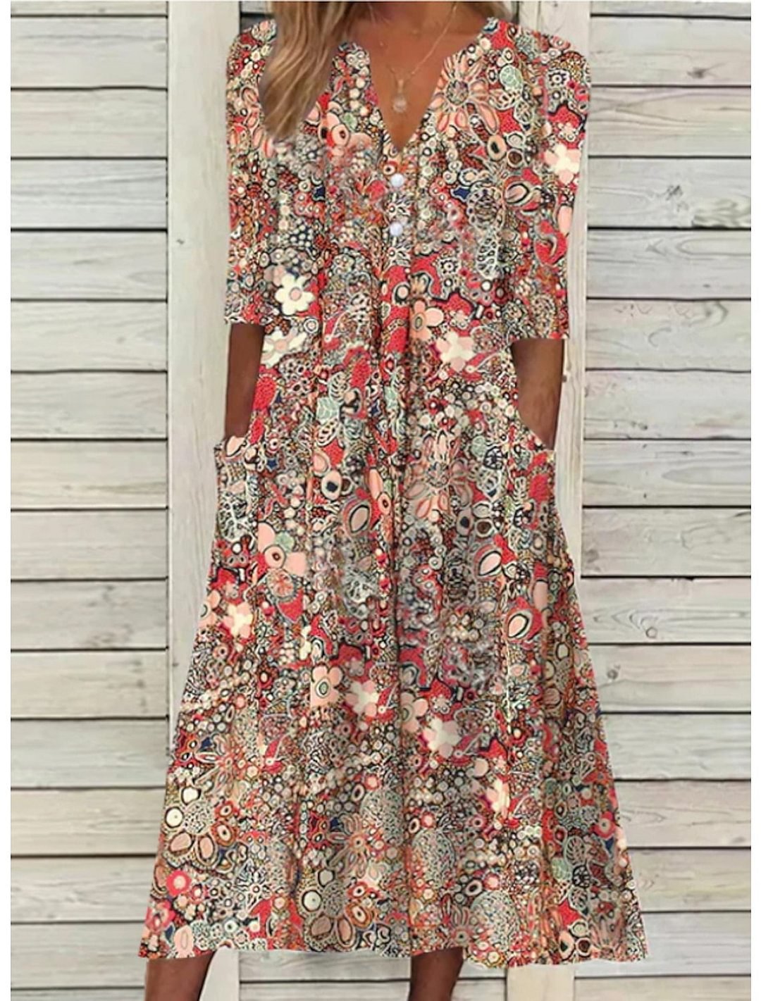 Women's Floral Print Dress With Pockets - Vonnera