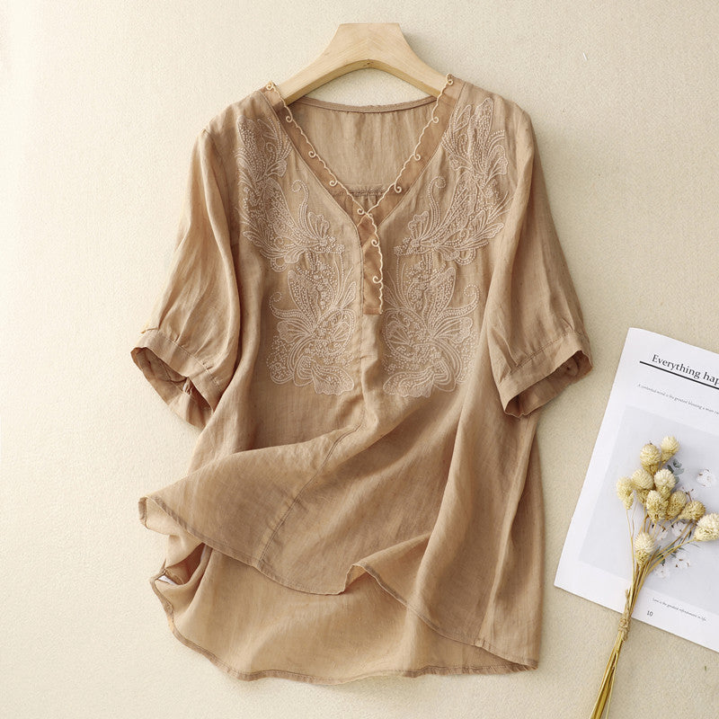 Women's Linen Blend V-Neck Short Sleeve Blouse