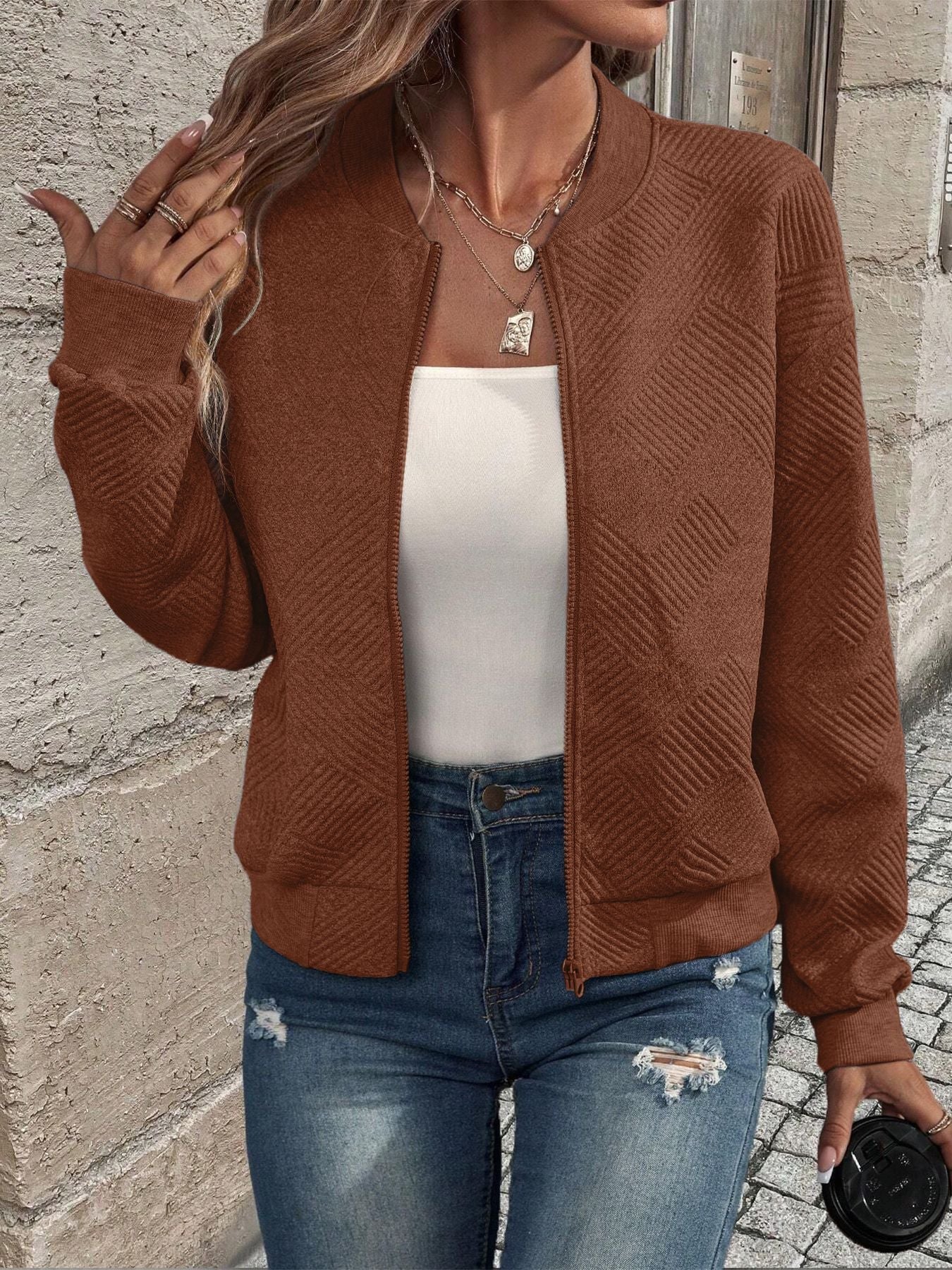 Women's Zip-Up Cardigan Textured Ribbed Long Sleeve