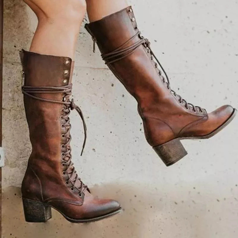 Lace-Up Block Heel Knee-High Boots for Women – Stylish & Supportive Design Caliboot