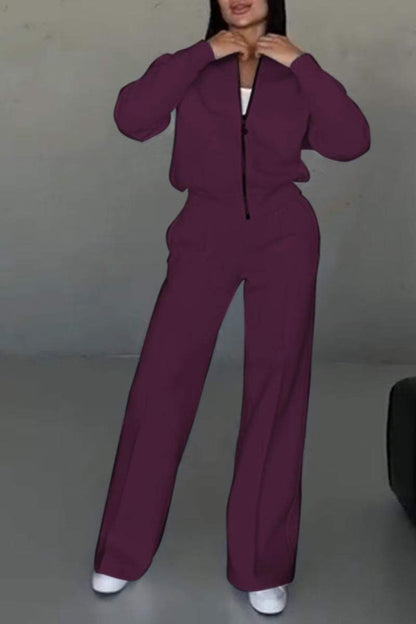 Women's Zipper Jacket Wide Leg Trousers Set