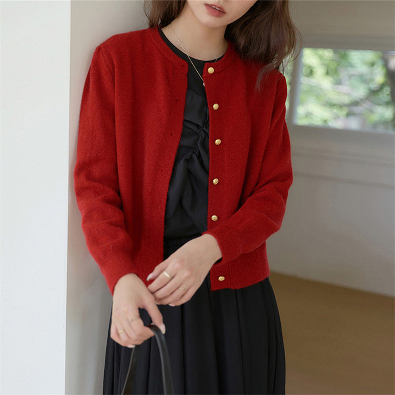 Women's Knitted Cardigan Retro Round Neck Small Gold Button - Vonnera