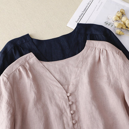 Women's Relaxed V-Neck Blouse Linen Texture Beige