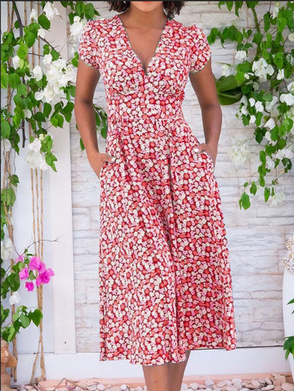 Women's V-Neck Midi Dress Short Sleeves - Vonnera