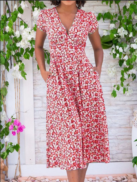 Women's V-Neck Midi Dress Short Sleeves - Vonnera