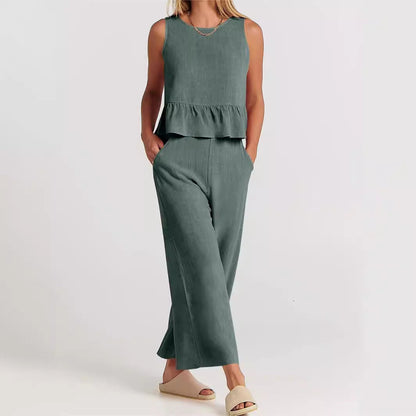 Linen Blend Women's Peplum And Pants Set