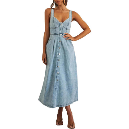 Women's Sleeveless Denim Dress Button Front Blue - Vonnera