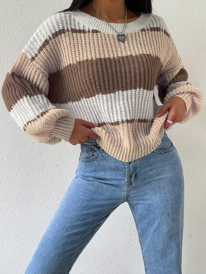 Women's Striped Knit Sweater Crew Neck Long Sleeves