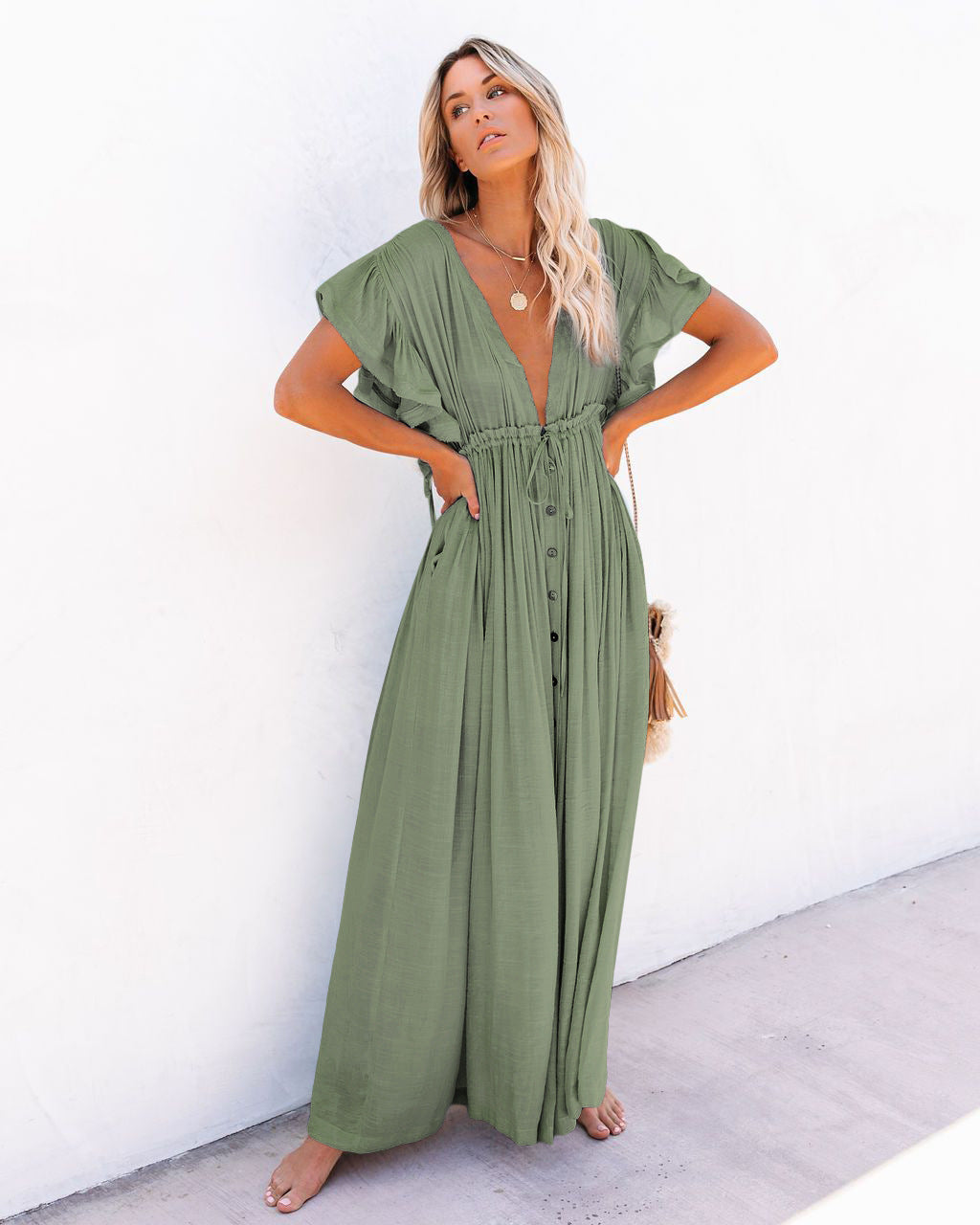 Women's Boho Beach Cover Up V Neck Flowy White