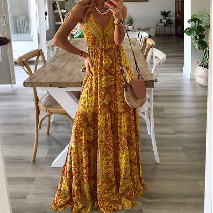 Women's V Neck Maxi Dress Flowy Boho Style