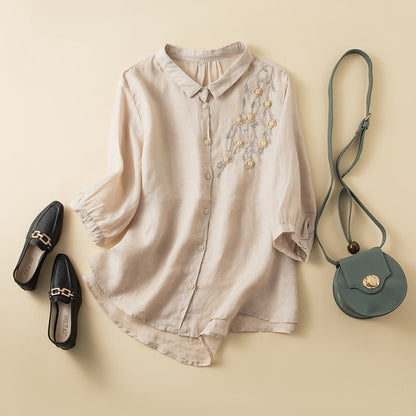 Linen Blend Women's Button-Up Blouse Embroidered Curved Hem - Vonnera