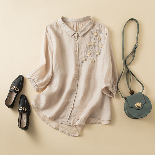 Linen Blend Women's Button-Up Blouse Embroidered Curved Hem - Vonnera