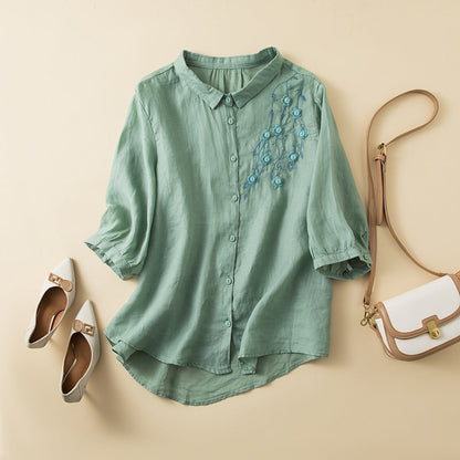 Linen Blend Women's Button-Up Blouse Embroidered Curved Hem