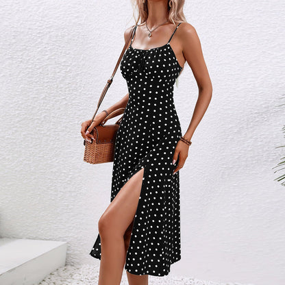 Women's Midi Polka Dot Summer Dress with Slit